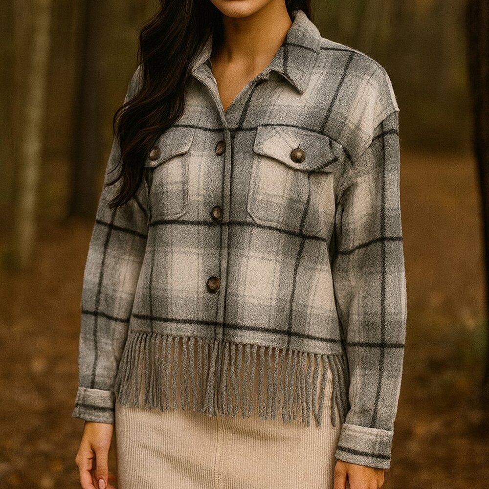 Fringe Hem Plaid "Shacket" NWT - Picture 5 of 11